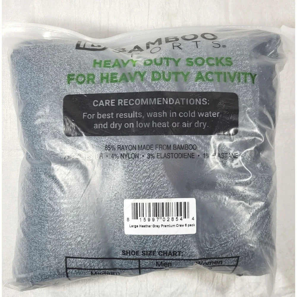 Bamboo Sports 6pk Unisex Premium Bamboo Rayon Work Hiking Crew Socks - Gray - L